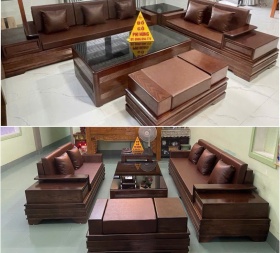 Bàn ghế phòng khách gỗ Sồi Nga góc nệm chân pháo 2 văng
