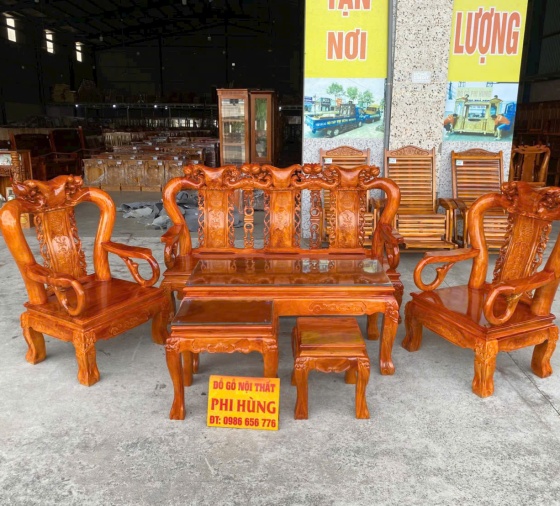 Bàn ghế phòng khách gỗ Tràm tay 12 đào cao